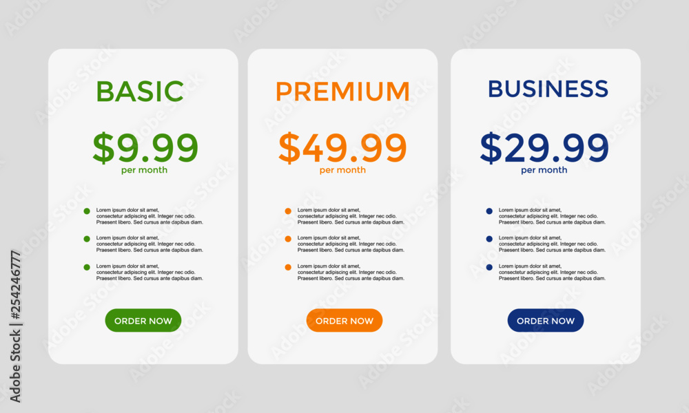 set of pricing table, order, box, button, list set of pricing table, order, box, button, list