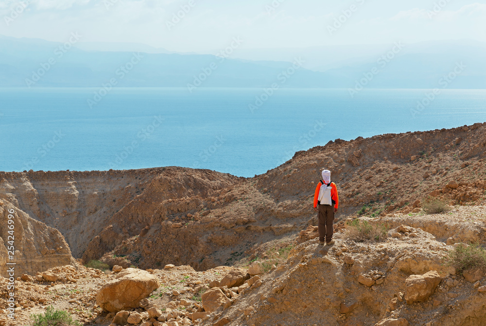 Man in the desert looking at the dead sea
