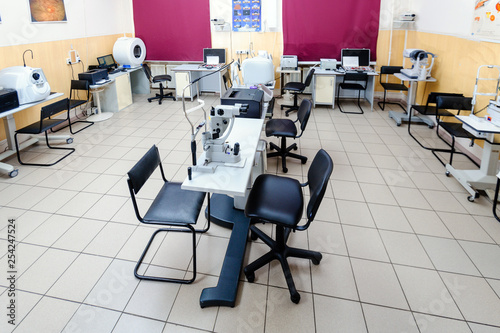 Cabinet in the ophthalmologic clinic with a variety of special equipment for eye examination
