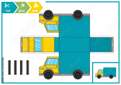 Cut and glue a paper car. Children art game for activity page. Paper 3d track. Vector illustration.