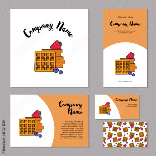 Set corporate branding. Fresh belgian waffles, strawberries and blueberries on white background. Template cover brochure, booklet and business card for restaurant, cafe or pastry shop.