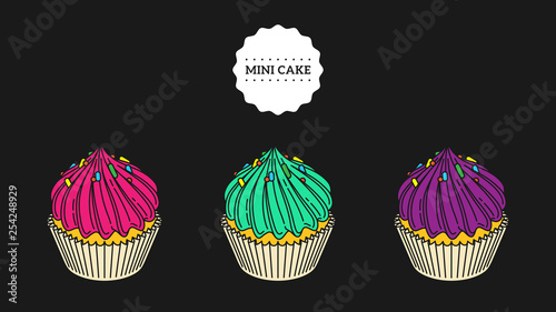 Mini cake's set, cream twirl, cup cake, illustration stencil