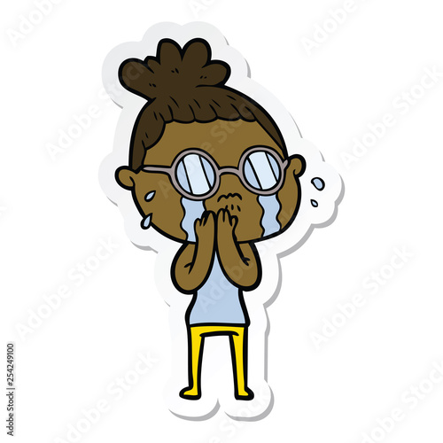 sticker of a cartoon crying woman wearing spectacles