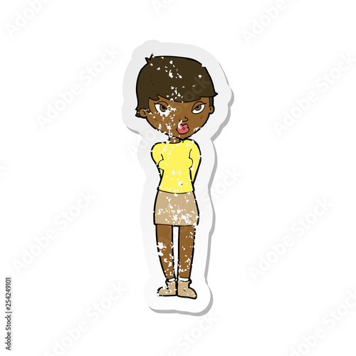 retro distressed sticker of a cartoon shy woman