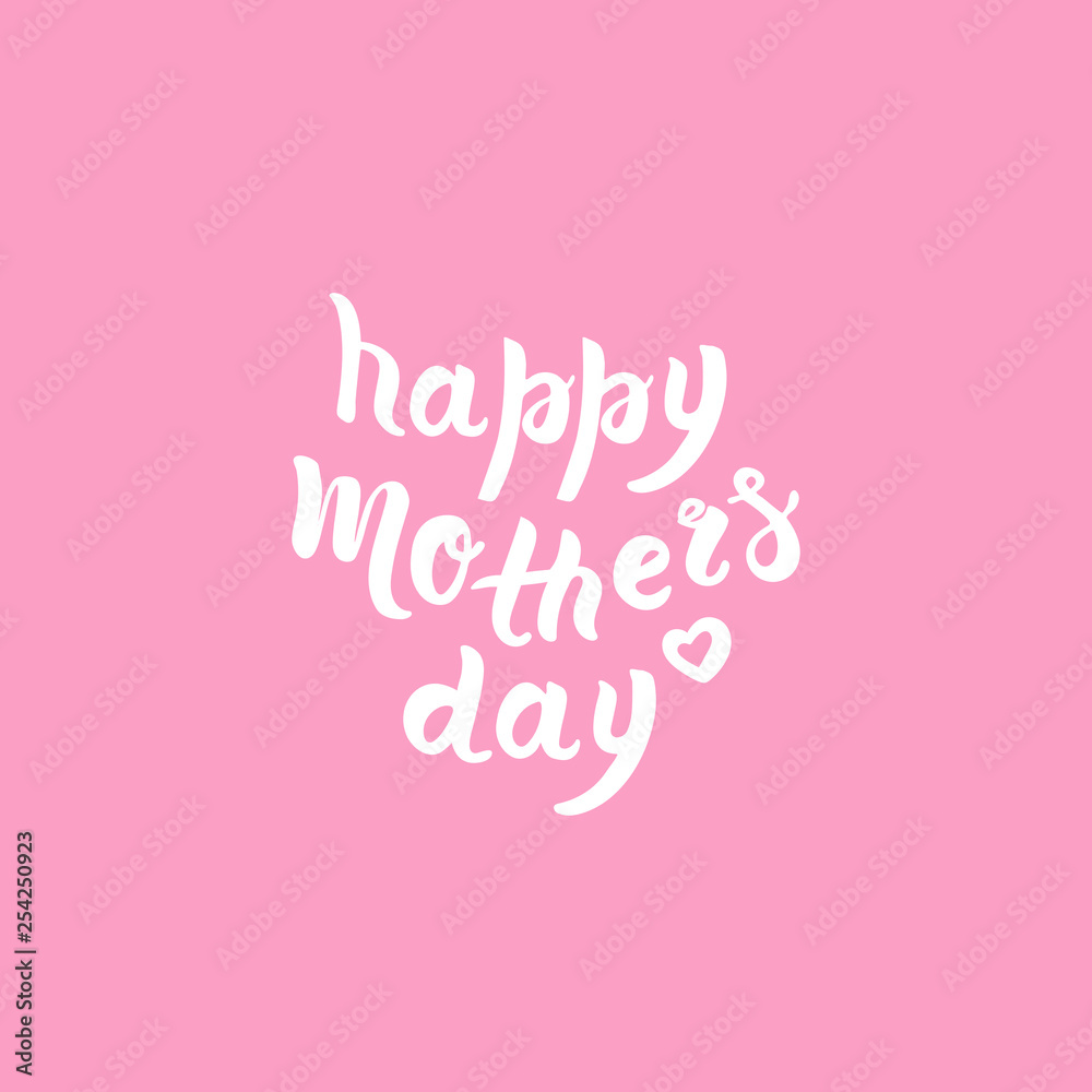 Hand drawn lettering white phrase happy mother's day with secorative elements and heart sign. Vector concept isolated on pink background. Brush calligrathy quote