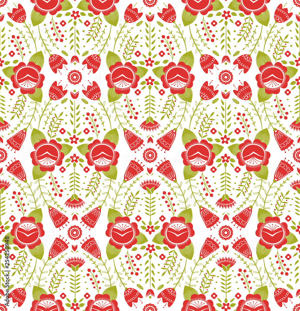 Stylized pattern, folk art, floral ornament in red and green colors. Symmetrical seamless pattern vector background Stylized pattern, folk art, floral ornament in red and green colors. Symmetrical seamless pattern vector background