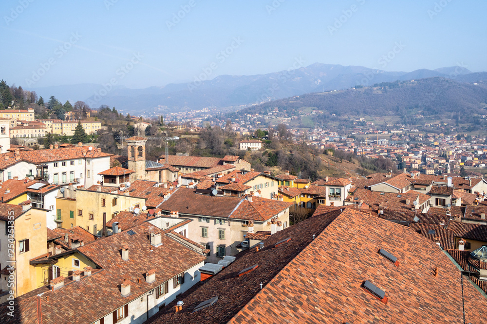 north of Bergamo with Church Sant Agata and Alps