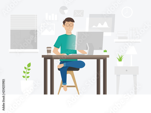 Freelancer at work, working from remote. A freelancer guy working at home. Modern flat vector concept digital illustration home office. Young man working on computer. Vector illustration in flat style