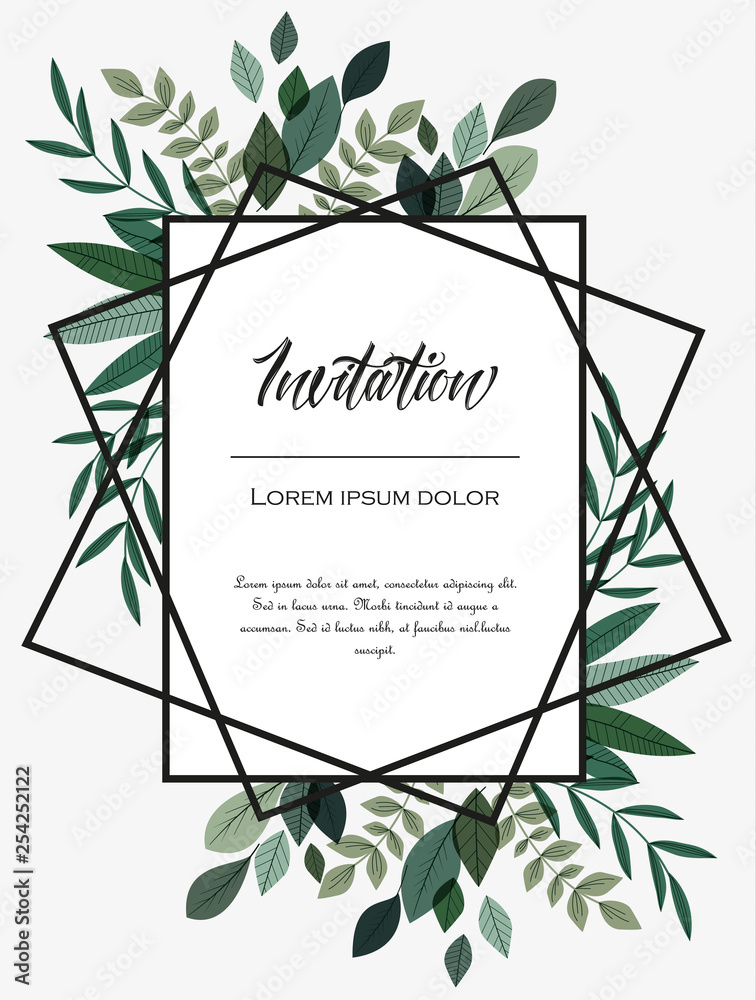 Vector illustration invitation card template with branches and leaf decoration.