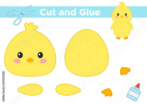 Education paper game for preschool kids. Create the applique cute cartoon kawaii chick. Cut and glue. Vector illustration.