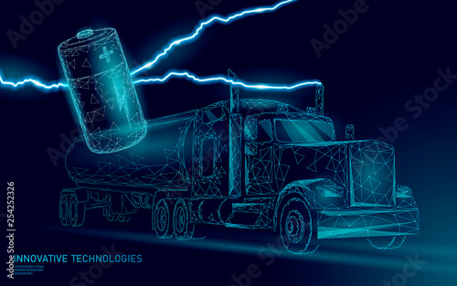 Power battery electric truck low poly.Rechargeable ecological environment green transport business trailer. Fast speed semi-trailer perspective view on highway. 3D vector illustration