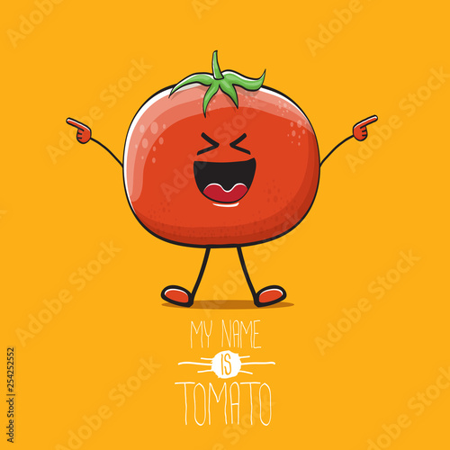 vector funny cartoon cute red tomato character isolated on orange background. My name is tomato. summer vegetable funky character