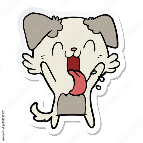 sticker of a cartoon panting dog waving