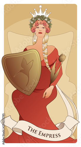 Major Arcana Tarot Cards. The Empress. Beautiful woman with long braids, pregnant, sitting on a throne, holding a shield with a hummingbird on the front and golden scepter shaped like a tulip.