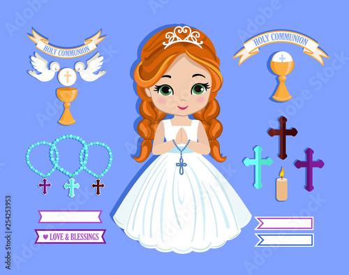 Set of design elements for First Communion for girls. Vector illustration for religious holidays.