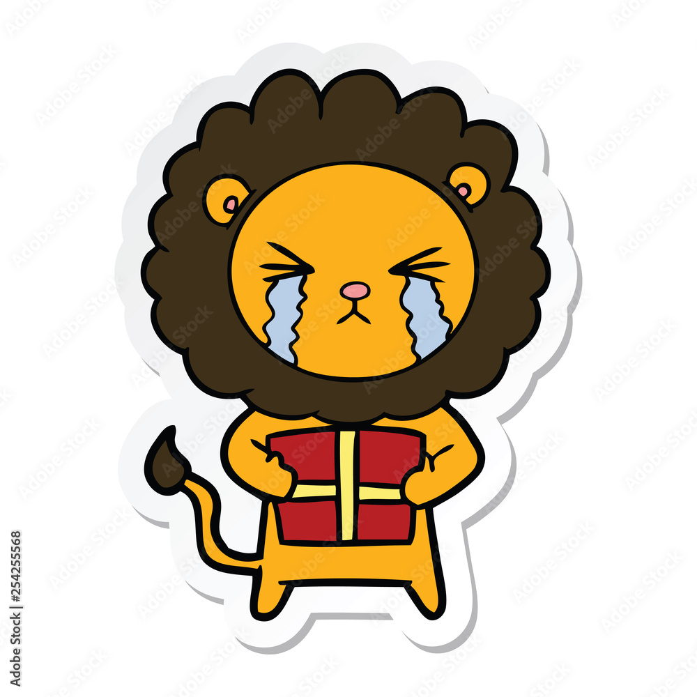 sticker of a cartoon crying lion with gift sticker of a cartoon crying lion with gift