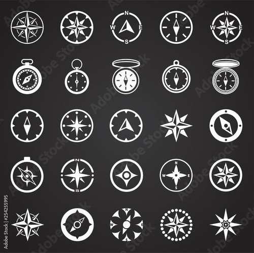Compass icons set on black background for graphic and web design. Simple vector sign. Internet concept symbol for website button or mobile app.