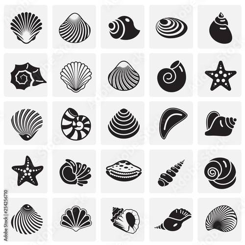 Sea Shell icons set on squres background for graphic and web design. Simple vector sign. Internet concept symbol for website button or mobile app.