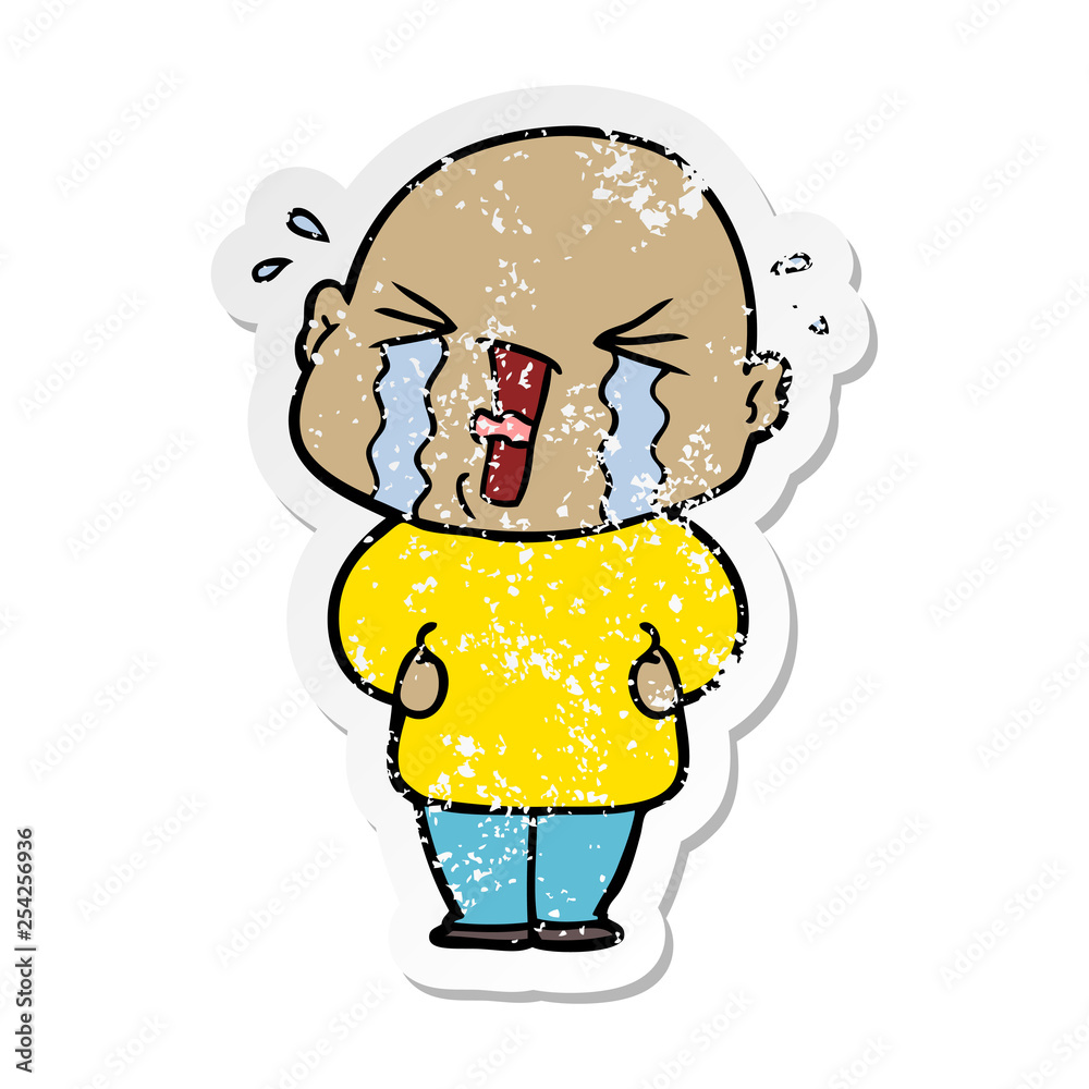 distressed sticker of a cartoon crying bald man distressed sticker of a cartoon crying bald man