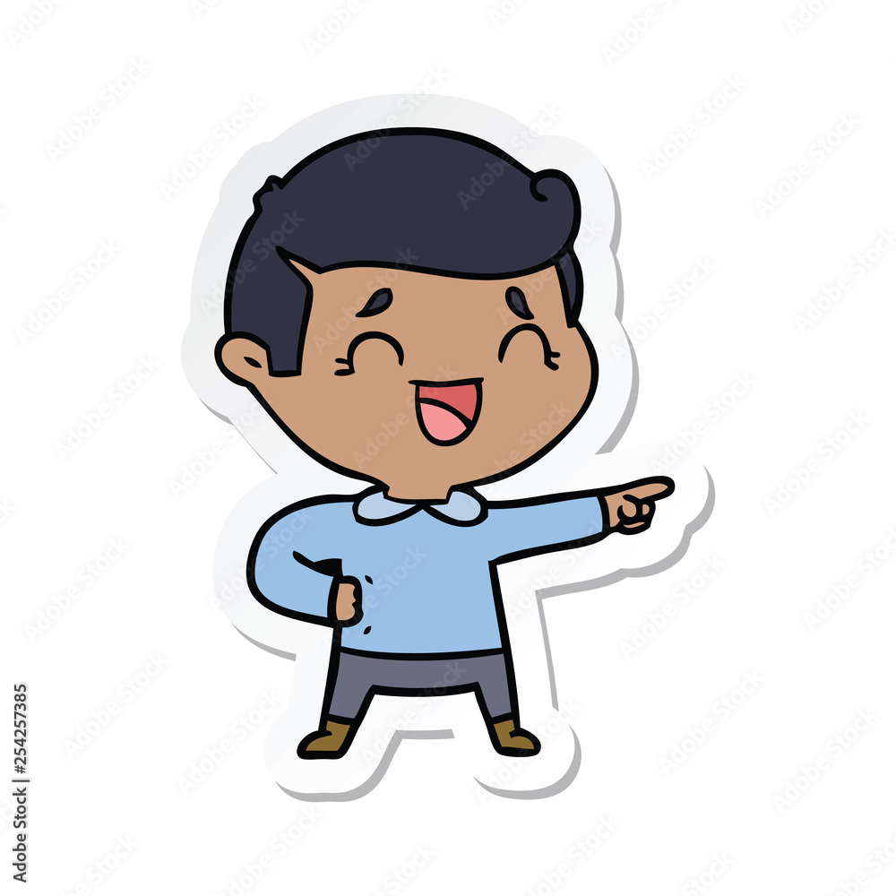 sticker of a cartoon laughing man pointing sticker of a cartoon laughing man pointing