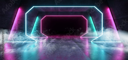 Smoke Neon Background Futuristic Sci Fi Cyberpunk Psychedelic Cosmic Luminous Purple Pink Blue Ultraviolet Laser Led Lights On Dark Grunge Concrete Tunnel Corridor 3D Rendering