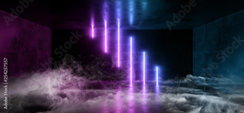 Fototapeta Naklejka Na Ścianę i Meble -  Smoke Sci Fi Neon Background Cyberpunk Futuristic Luminous  Psychedelic Abstract Shaped Purple Pink Blue Ultraviolet Club Dance Stage Lights Grunge Concrete Dark 3D Rendering