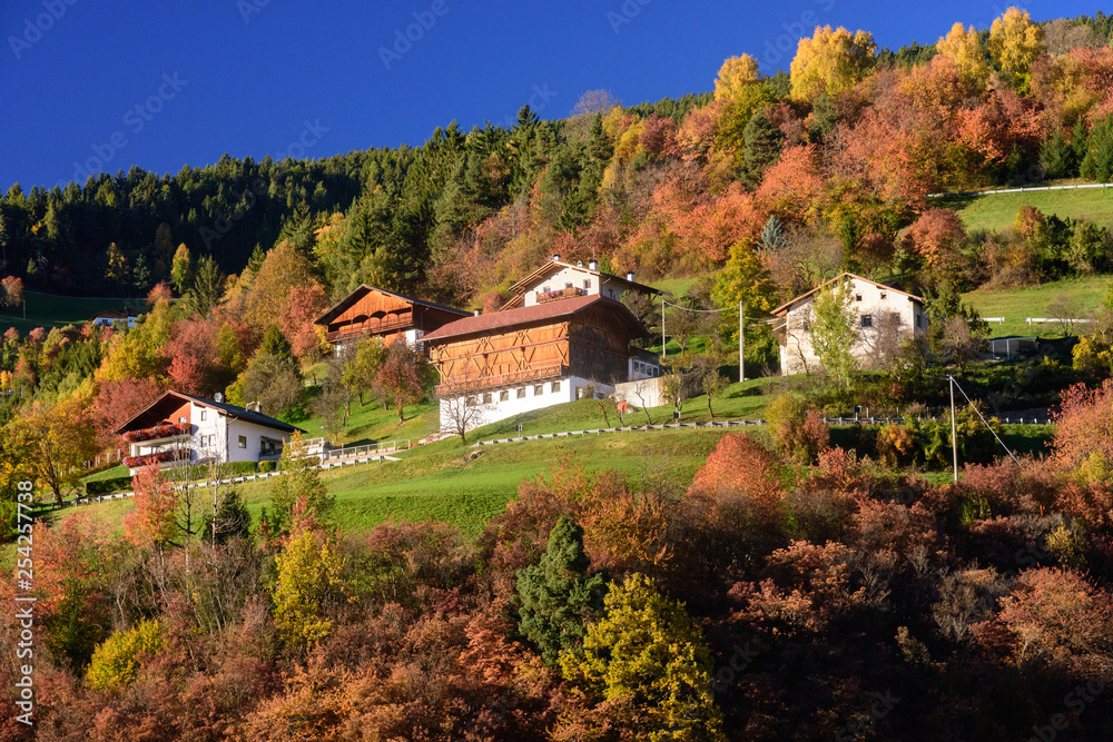 Alpejskie domki na zboczu w jesiennej aurze