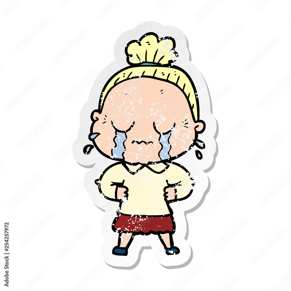 distressed sticker of a cartoon crying old lady distressed sticker of a cartoon crying old lady
