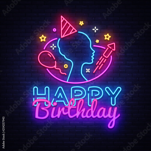 Happy Birthday neon sign vector design template. Happy Birthday neon logo, light banner design element colorful modern design trend, night bright advertising, bright sign. Vector illustration