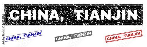 Grunge CHINA, TIANJIN rectangle stamp seals isolated on a white background. Rectangular seals with distress texture in red, blue, black and grey colors. Vector rubber imprint of CHINA,