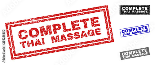 Grunge COMPLETE THAI MASSAGE rectangle stamp seals isolated on a white background. Rectangular seals with grunge texture in red, blue, black and grey colors.