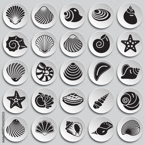 Sea Shell icons set on plates background for graphic and web design. Simple vector sign. Internet concept symbol for website button or mobile app.