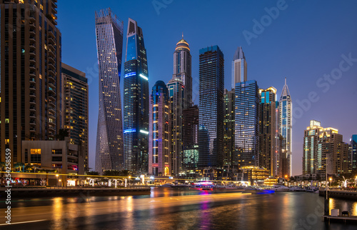 Dubai Marina skyscrapers in the night illumination