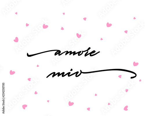 Amore mio Happy Valentine's Day Hand Lettering - Typographical Background Set with ornaments, hearts, ribbon, angel and arrow photo