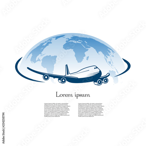 Airliner flying around the planet a symbol of international air travel.