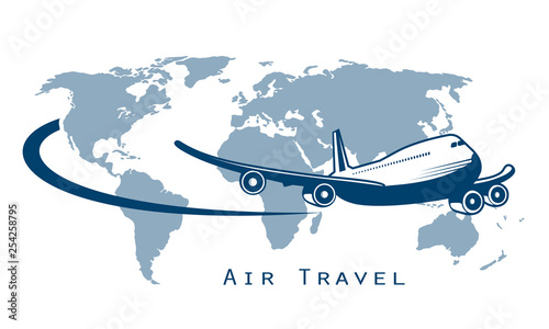 Airliner flying around the planet a symbol of international air travel.