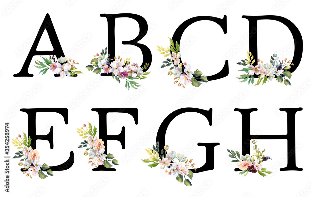 Collection romantic Black letters with drawn watercolor flowers ...