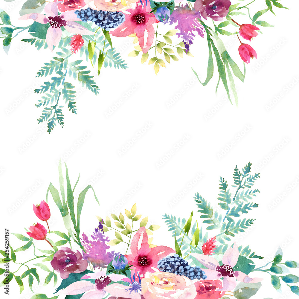 Wedding spring romantic bridal frame wreath. pink purple and white flowers green leaves ornament