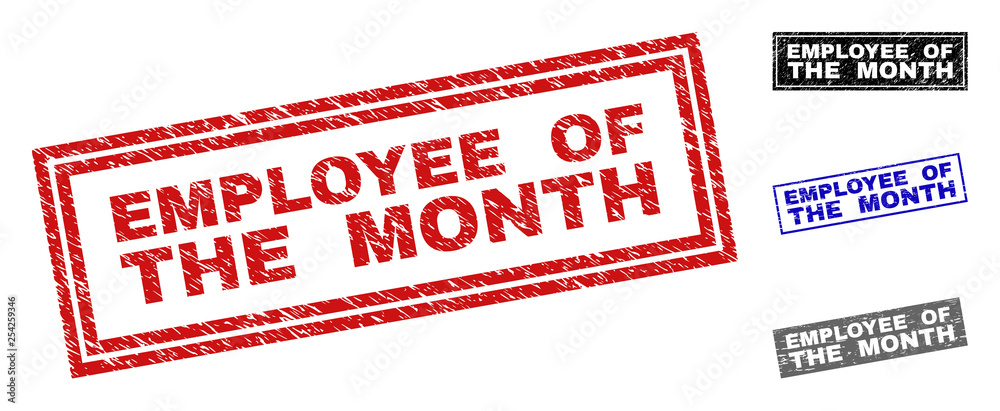 Grunge EMPLOYEE OF THE MONTH rectangle stamp seals isolated on a white background. Rectangular seals with grunge texture in red, blue, black and grey colors. Grunge EMPLOYEE OF THE MONTH rectangle stamp seals isolated on a white background. Rectangular seals with grunge texture in red, blue, black and grey colors.