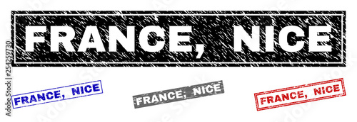 Grunge FRANCE, NICE rectangle stamp seals isolated on a white background. Rectangular seals with grunge texture in red, blue, black and gray colors. Vector rubber imitation of FRANCE,