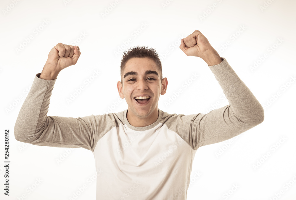 Fototapeta premium Close up portrait of surprised and happy man celebrating victory and wining lottery
