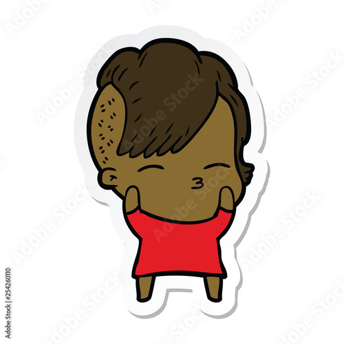 sticker of a cartoon squinting girl