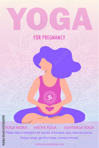 Vector illustration of a young pregnant woman sitting in a Lotus position . Yoga for pregnant women, flat design