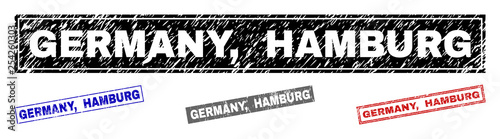 Grunge GERMANY, HAMBURG rectangle stamp seals isolated on a white background. Rectangular seals with grunge texture in red, blue, black and gray colors. Vector rubber watermark of GERMANY,