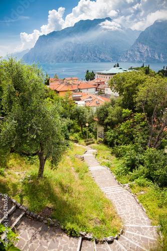 landscape with the stairs and Lake Garda