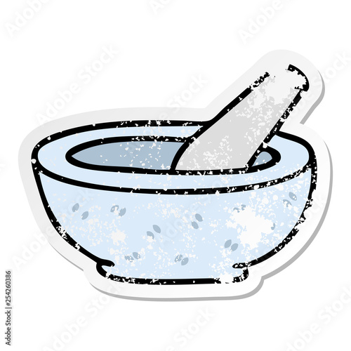 distressed sticker of a quirky hand drawn cartoon pestle and mortar