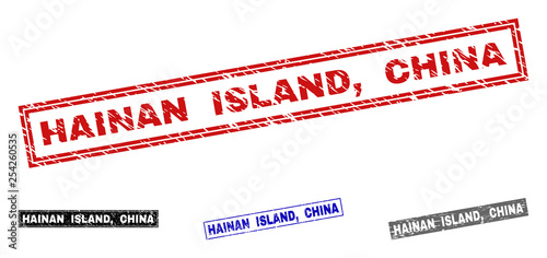 Grunge HAINAN ISLAND, CHINA rectangle stamp seals isolated on a white background. Rectangular seals with grunge texture in red, blue, black and grey colors. Vector rubber overlay of HAINAN ISLAND,
