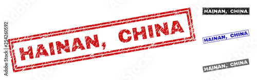 Grunge HAINAN, CHINA rectangle stamp seals isolated on a white background. Rectangular seals with grunge texture in red, blue, black and gray colors. Vector rubber imprint of HAINAN,