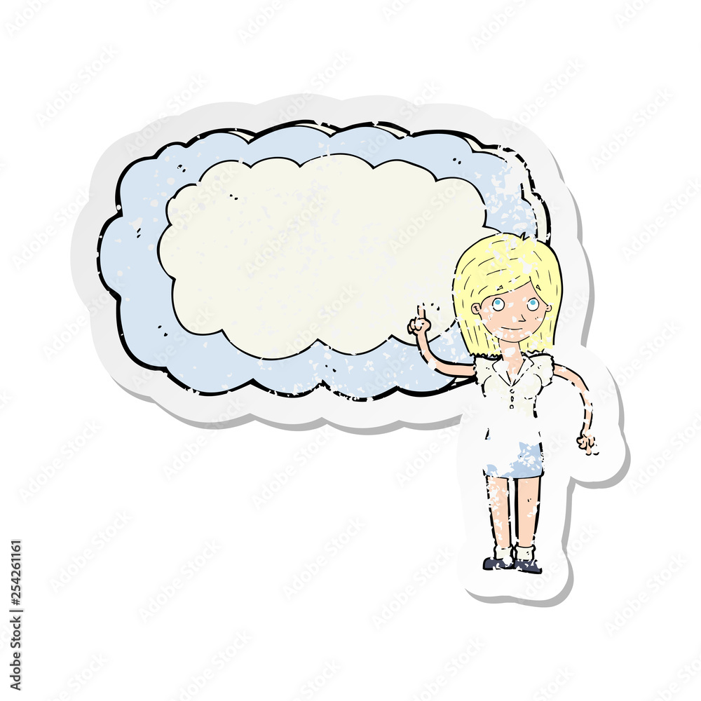 retro distressed sticker of a cartoon woman with text space cloud retro distressed sticker of a cartoon woman with text space cloud