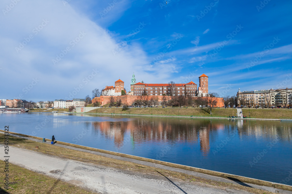 POLAND, KRAKOW - FEBRUARY 23, 2019:  Wawel, Royal Castle and cathedral in Cracow (Krakow), Poland. Panorama view from inside of the castle.